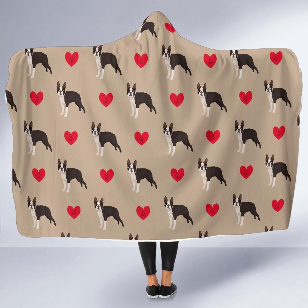 Boston Terrier Heart Paw Pattern Print Hooded Blanket-grizzshop