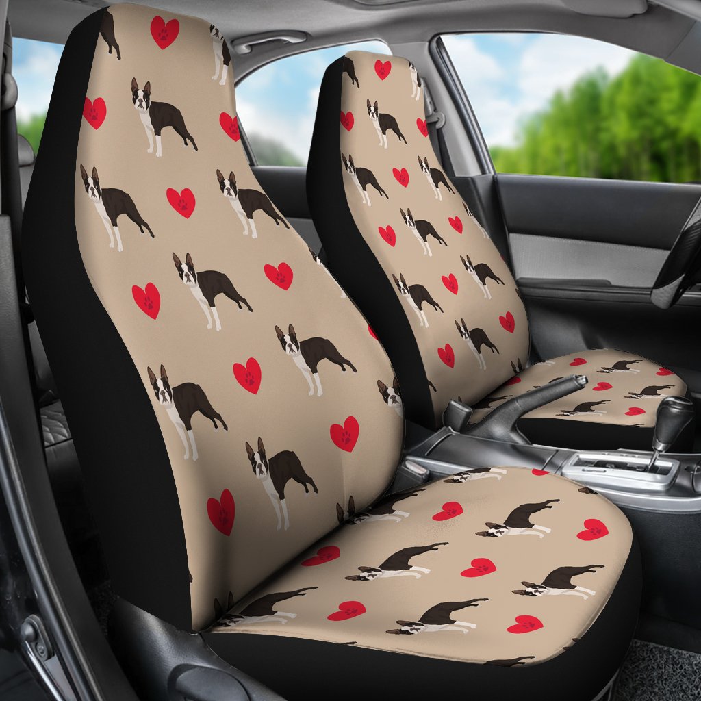 Boston Terrier Heart Paw Pattern Print Universal Fit Car Seat Cover-grizzshop
