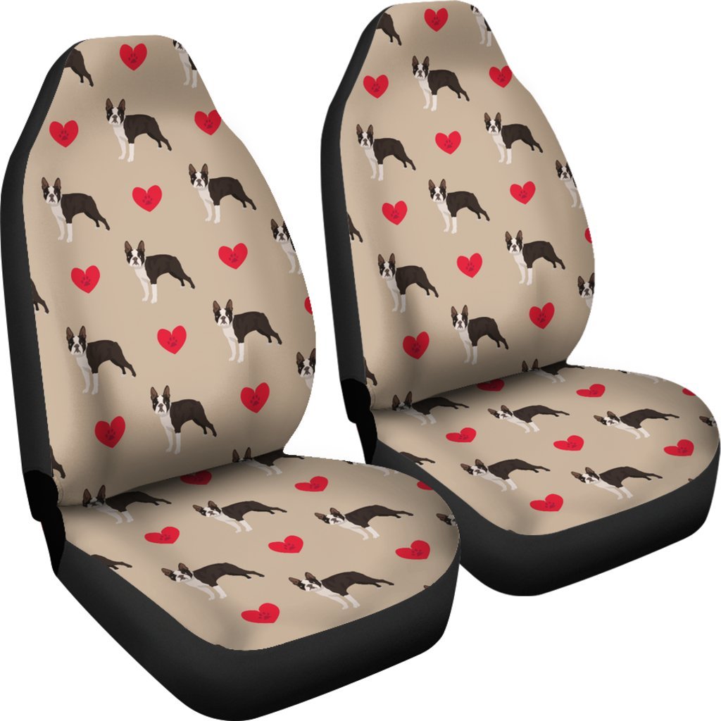 Boston Terrier Heart Paw Pattern Print Universal Fit Car Seat Cover-grizzshop