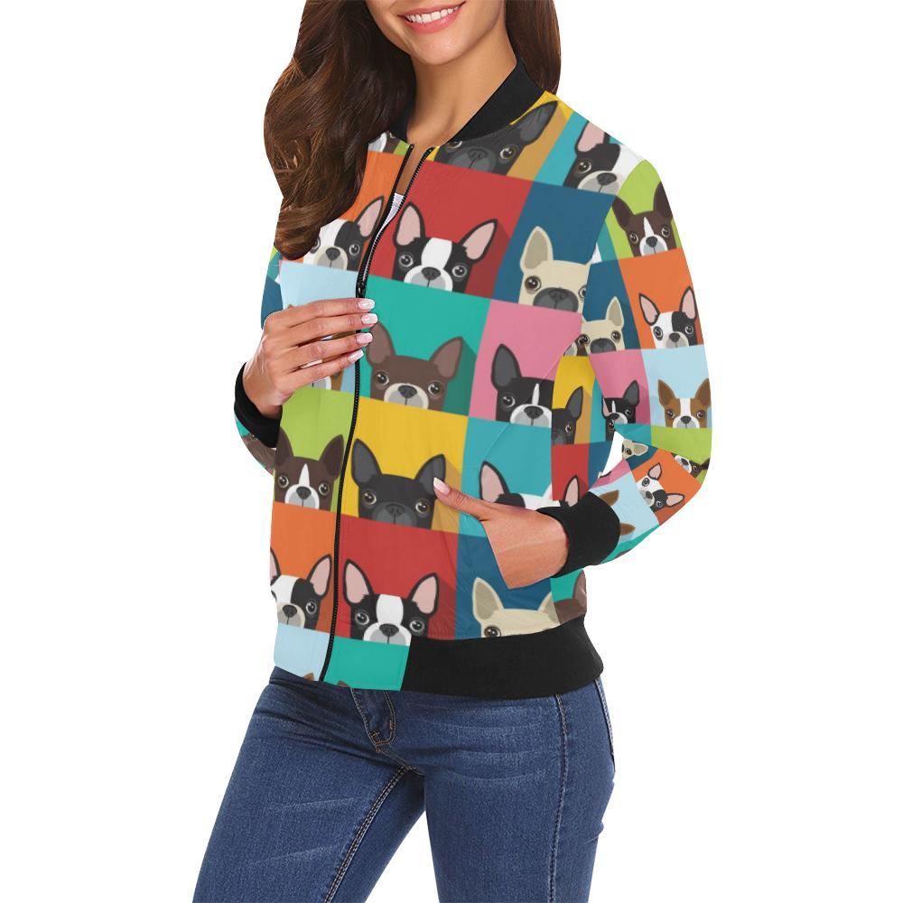 Boston Terrier Pattern Print Women Casual Bomber Jacket-grizzshop