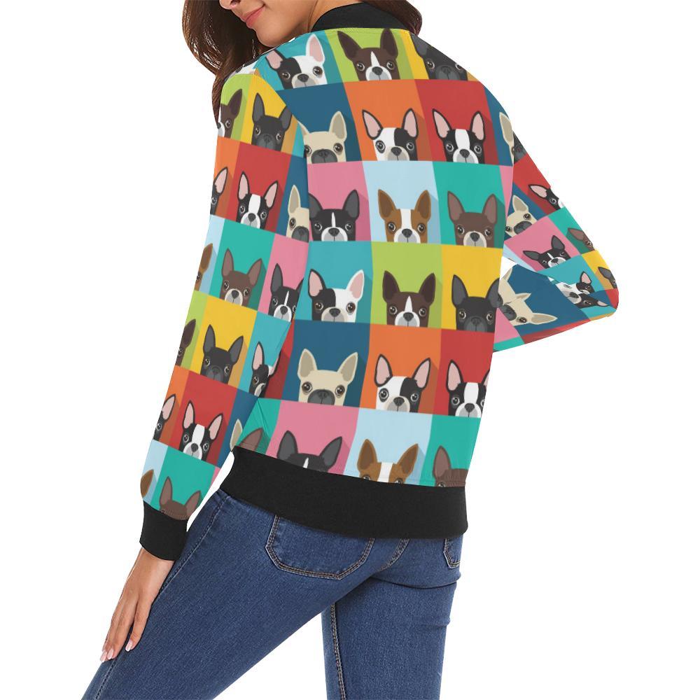 Boston Terrier Pattern Print Women Casual Bomber Jacket-grizzshop