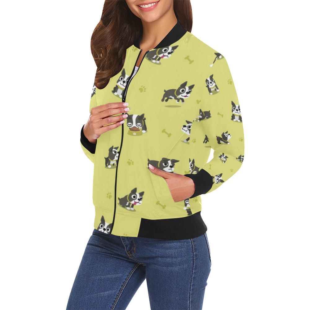 Boston Terrier Paw Pattern Print Women Casual Bomber Jacket-grizzshop