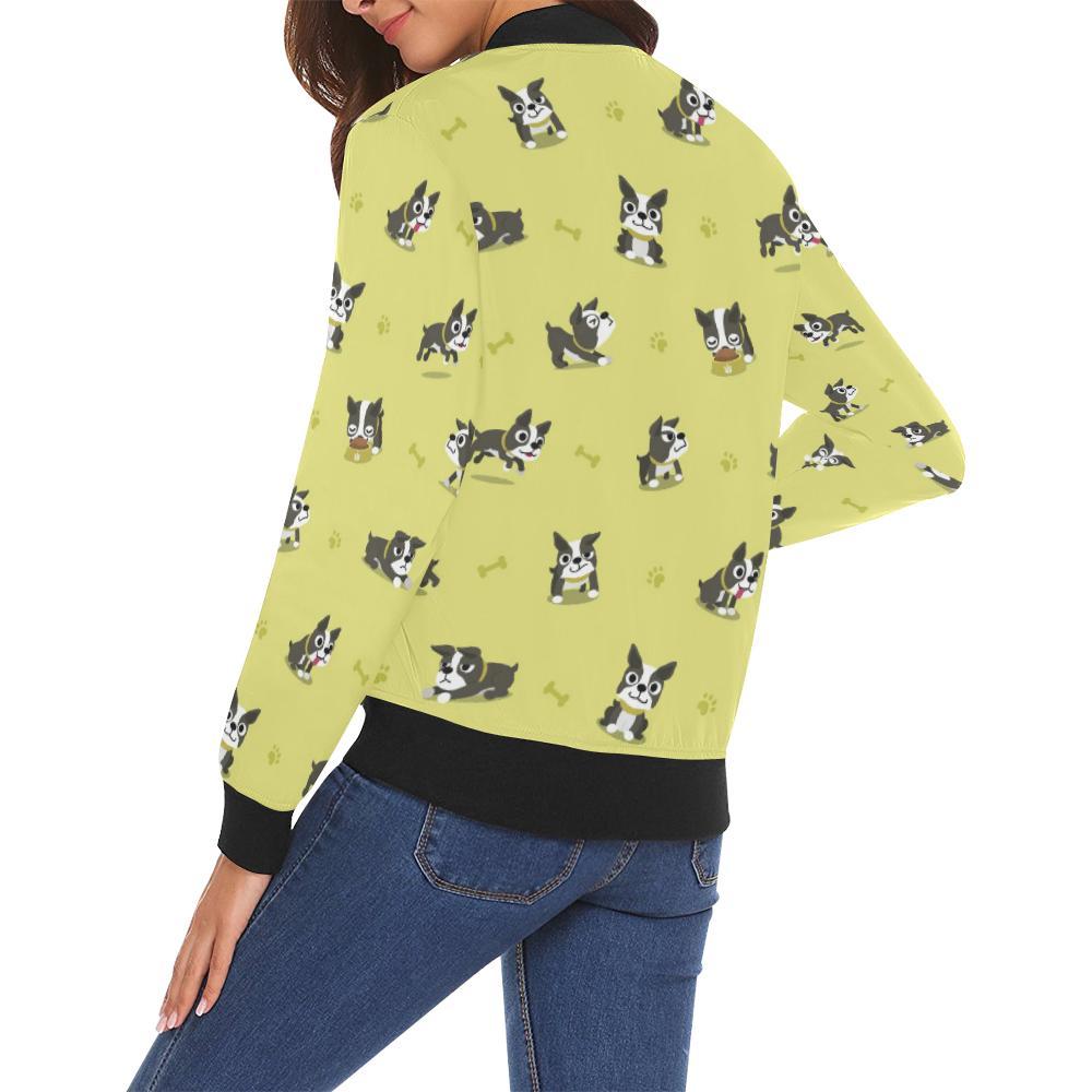 Boston Terrier Paw Pattern Print Women Casual Bomber Jacket-grizzshop