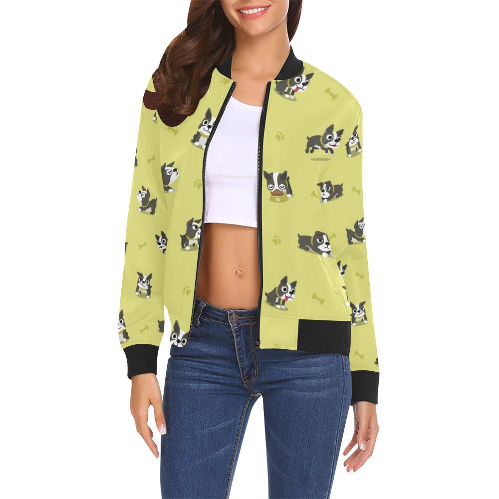 Boston Terrier Paw Pattern Print Women Casual Bomber Jacket-grizzshop