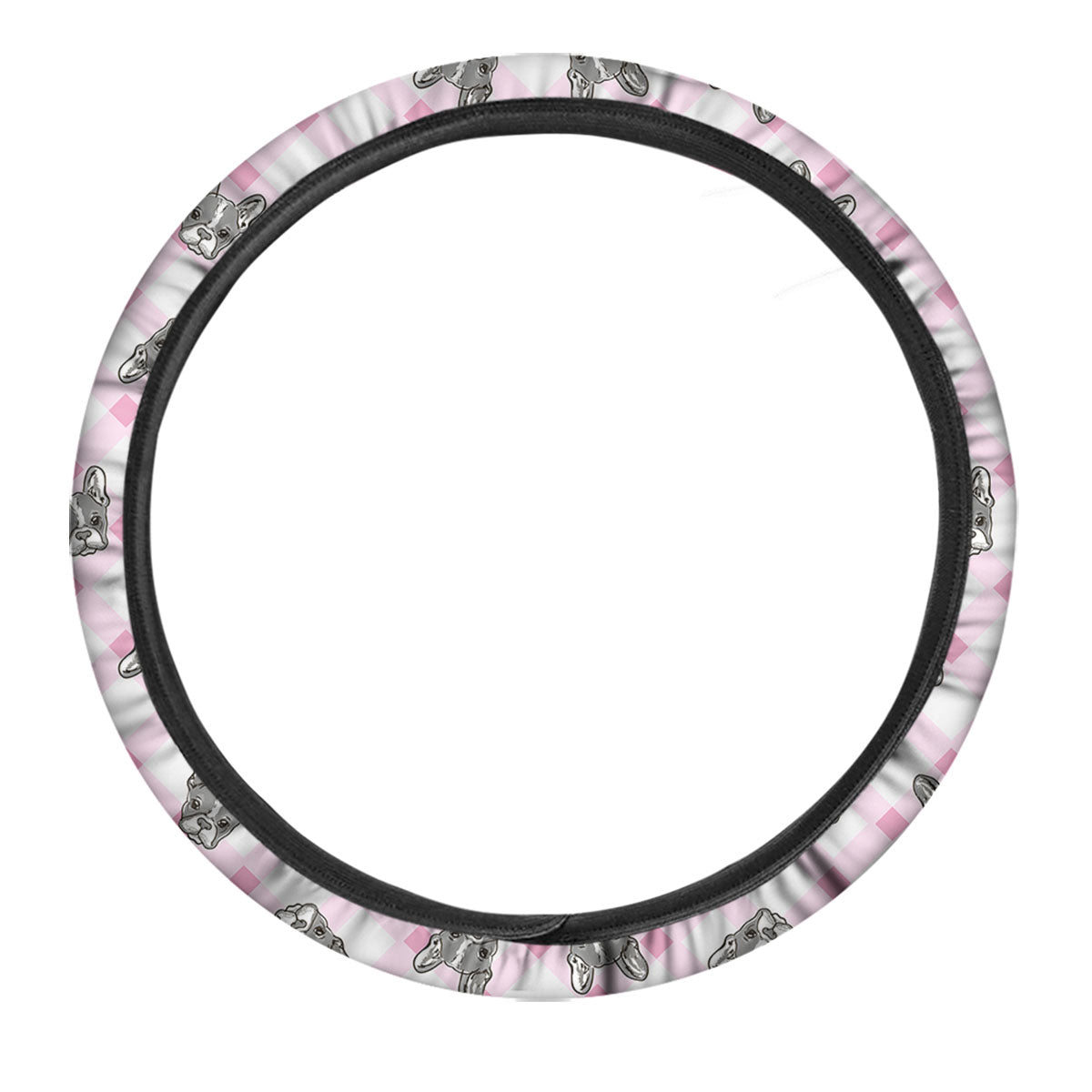 Boston Terrier Pink Plaid Print Pattern Car Steering Wheel Cover-grizzshop