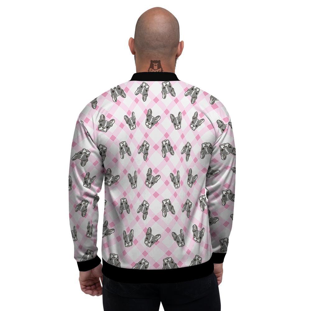 Boston Terrier Pink Plaid Print Pattern Men's Bomber Jacket-grizzshop