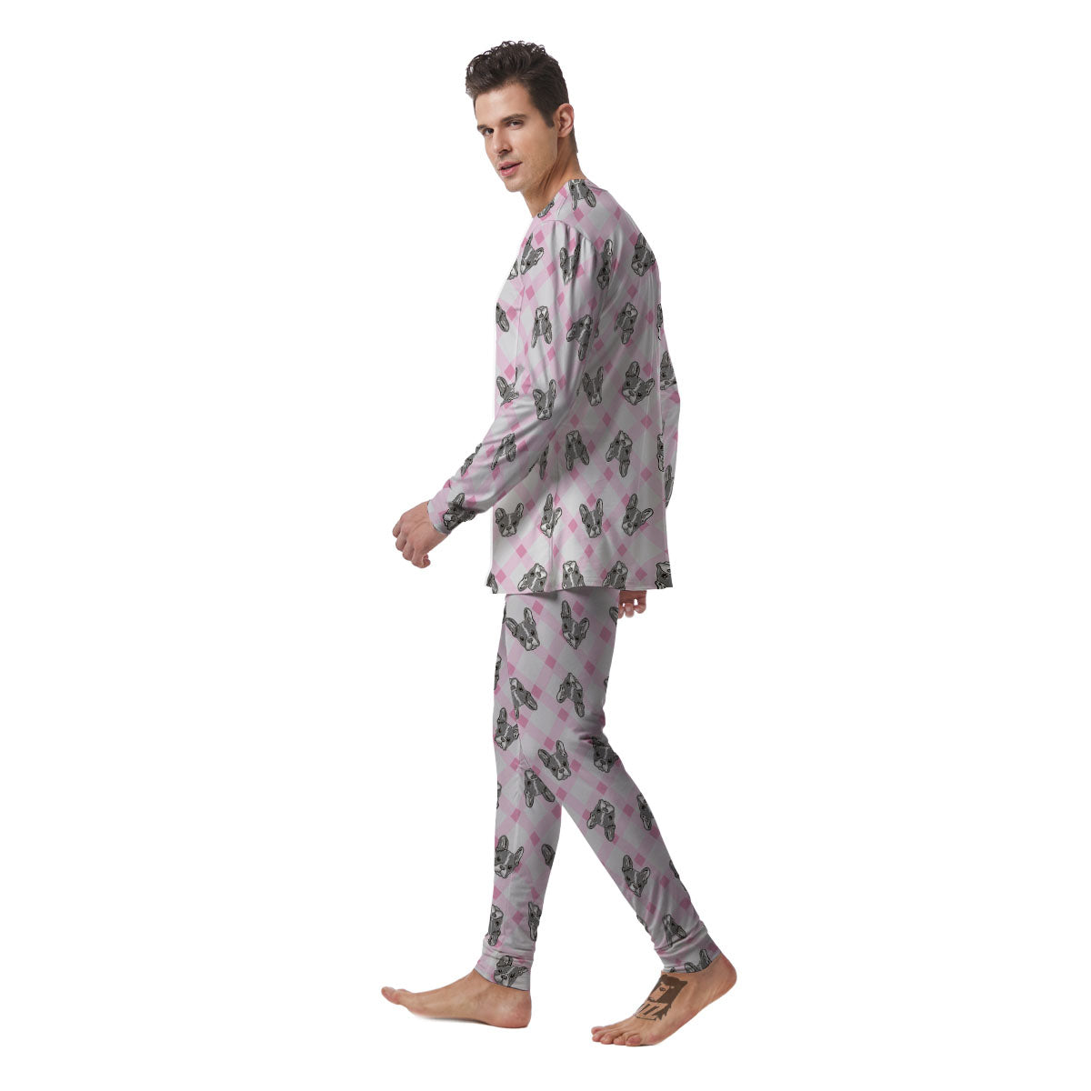 Boston Terrier Pink Plaid Print Pattern Men's Pajamas-grizzshop