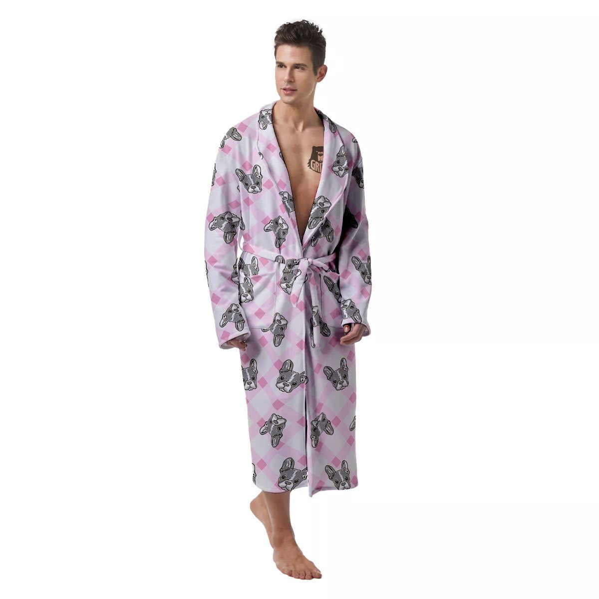 Boston Terrier Pink Plaid Print Pattern Men's Robe-grizzshop