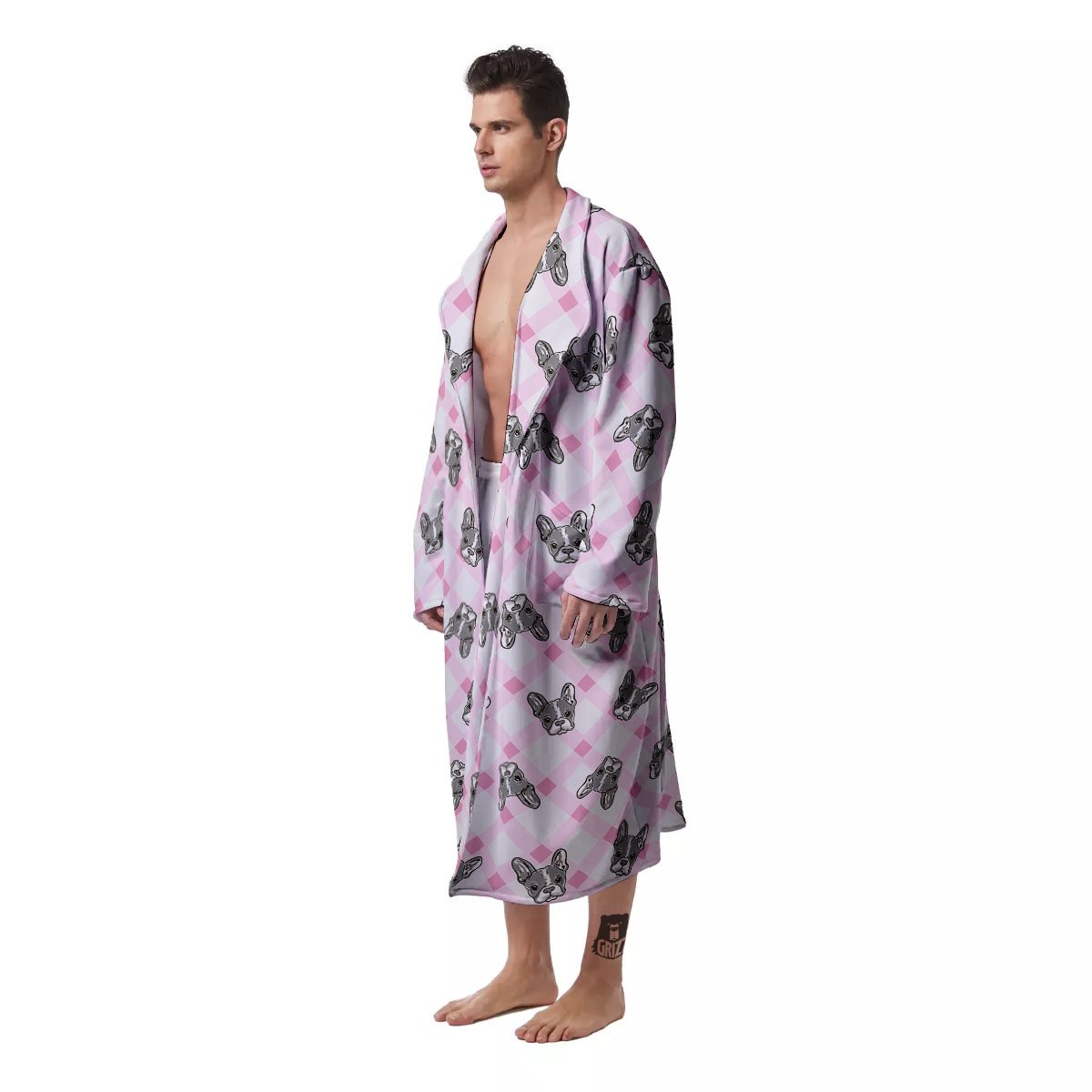 Boston Terrier Pink Plaid Print Pattern Men's Robe-grizzshop