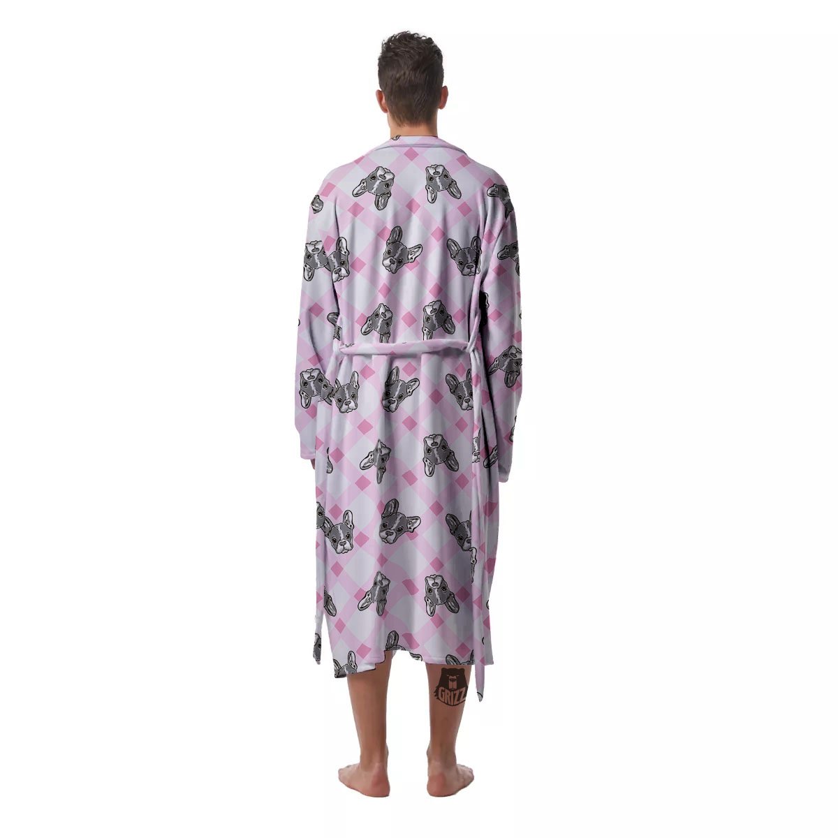 Boston Terrier Pink Plaid Print Pattern Men's Robe-grizzshop