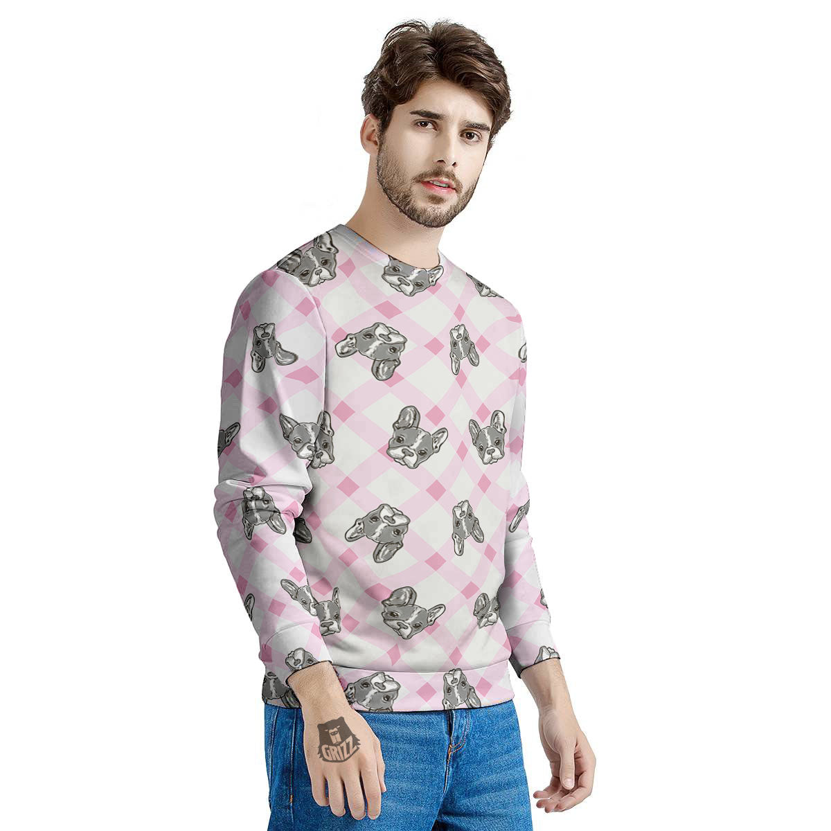 Boston Terrier Pink Plaid Print Pattern Men's Sweatshirt-grizzshop