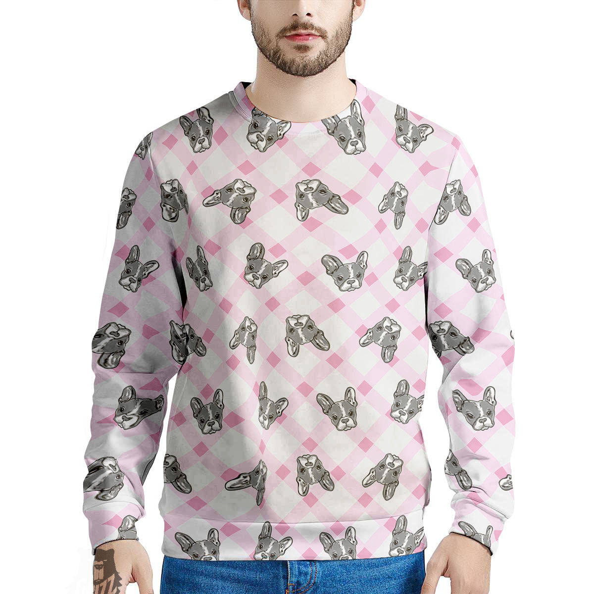 Boston Terrier Pink Plaid Print Pattern Men's Sweatshirt-grizzshop