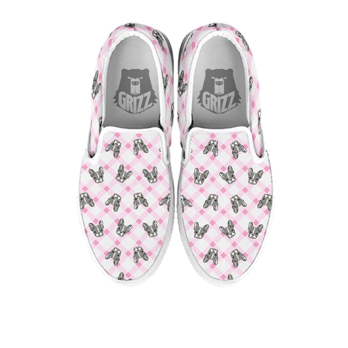 Boston Terrier Pink Plaid Print Pattern White Slip On Shoes-grizzshop