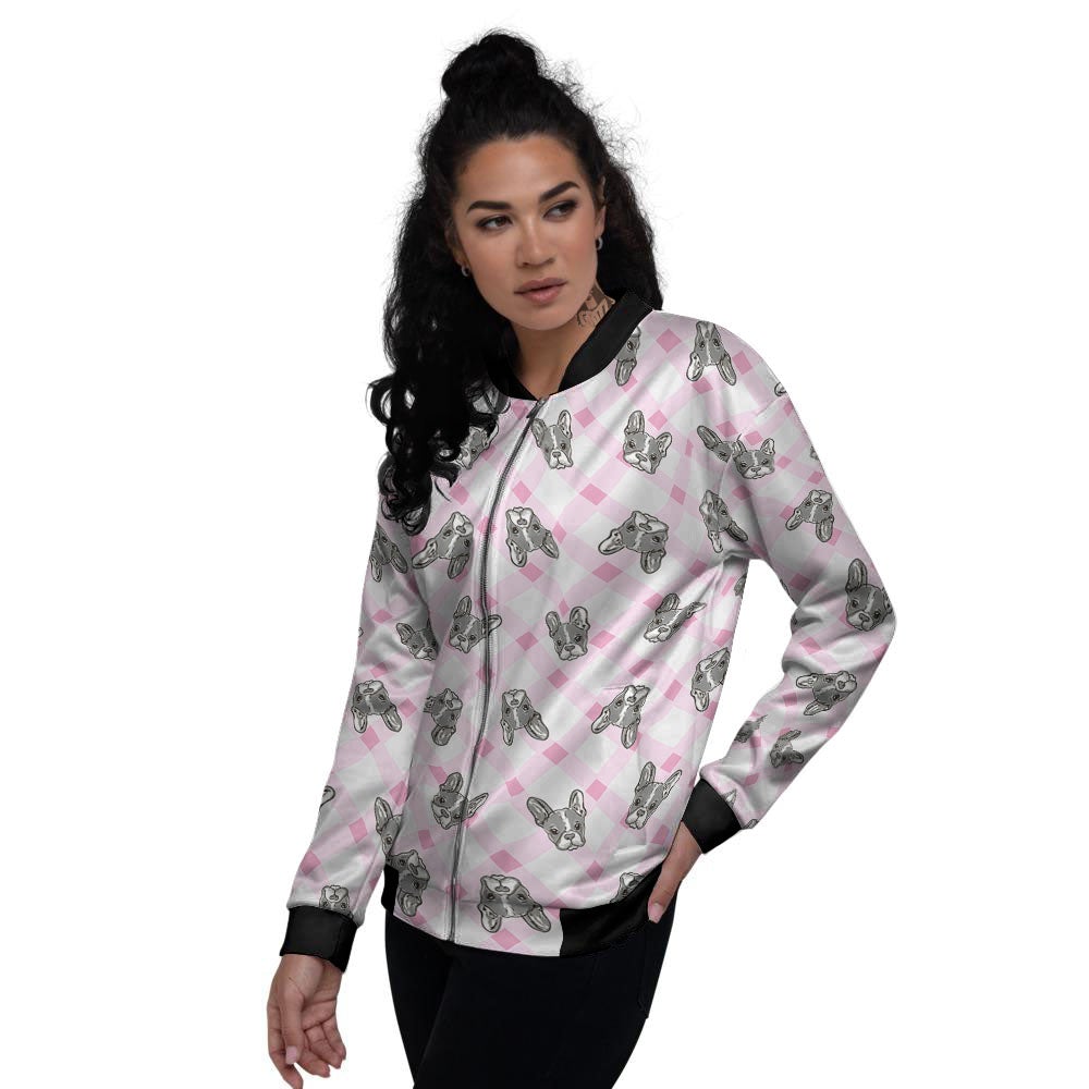 Boston Terrier Pink Plaid Print Pattern Women's Bomber Jacket-grizzshop