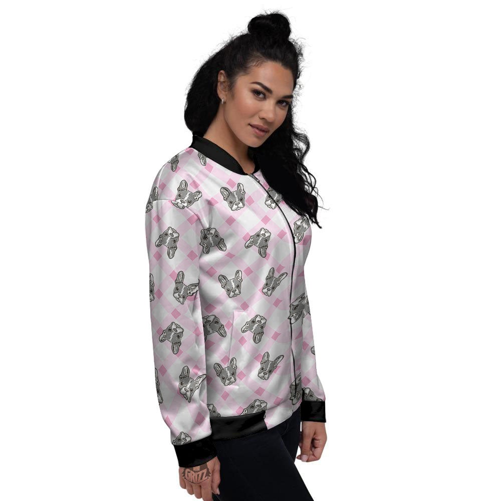 Boston Terrier Pink Plaid Print Pattern Women's Bomber Jacket-grizzshop