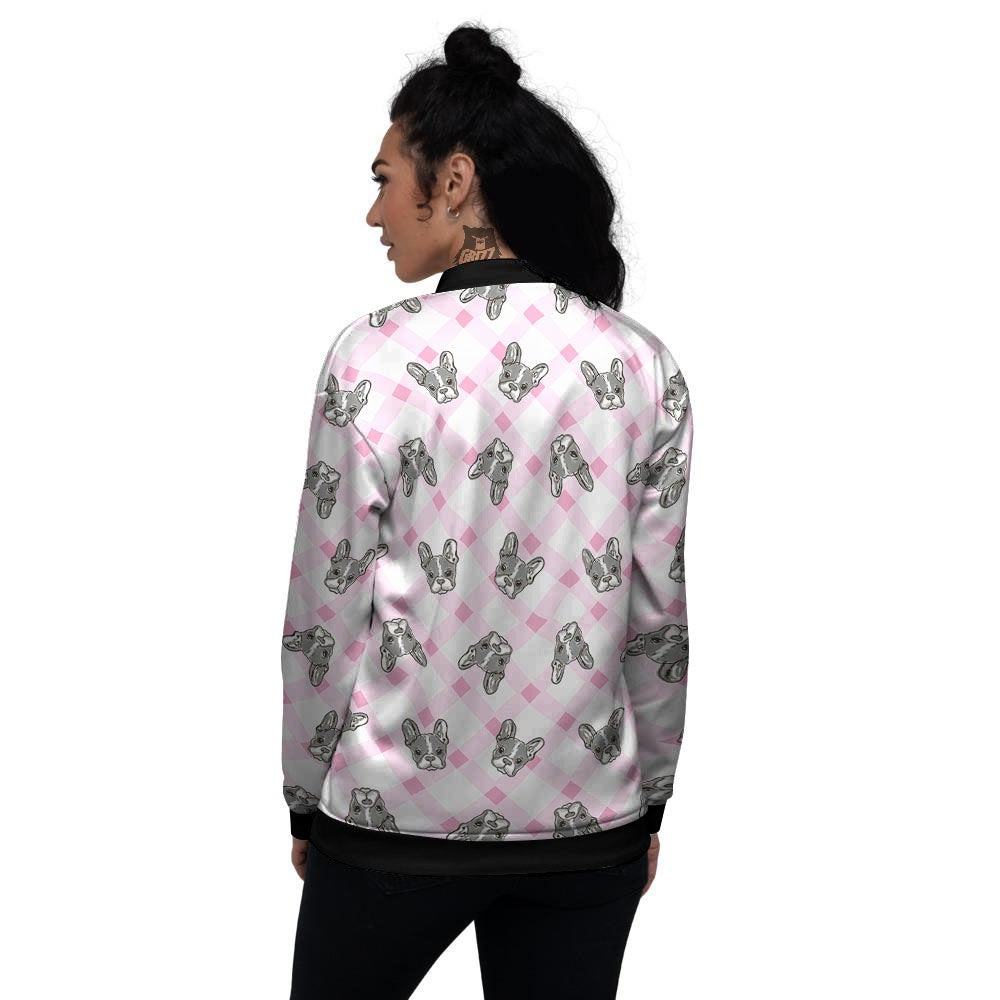 Boston Terrier Pink Plaid Print Pattern Women's Bomber Jacket-grizzshop