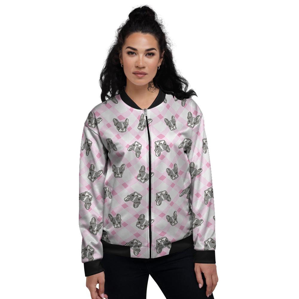 Boston Terrier Pink Plaid Print Pattern Women's Bomber Jacket-grizzshop