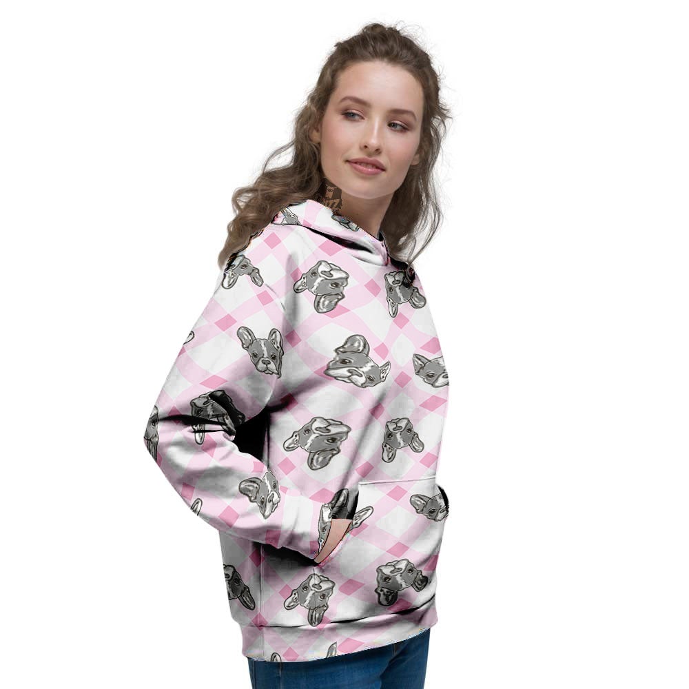 Boston Terrier Pink Plaid Print Pattern Women's Hoodie-grizzshop