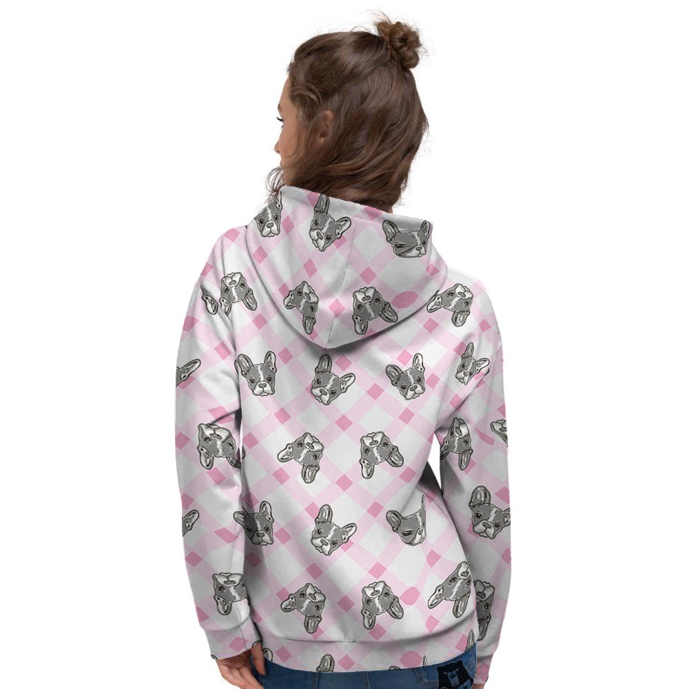 Boston Terrier Pink Plaid Print Pattern Women's Hoodie-grizzshop