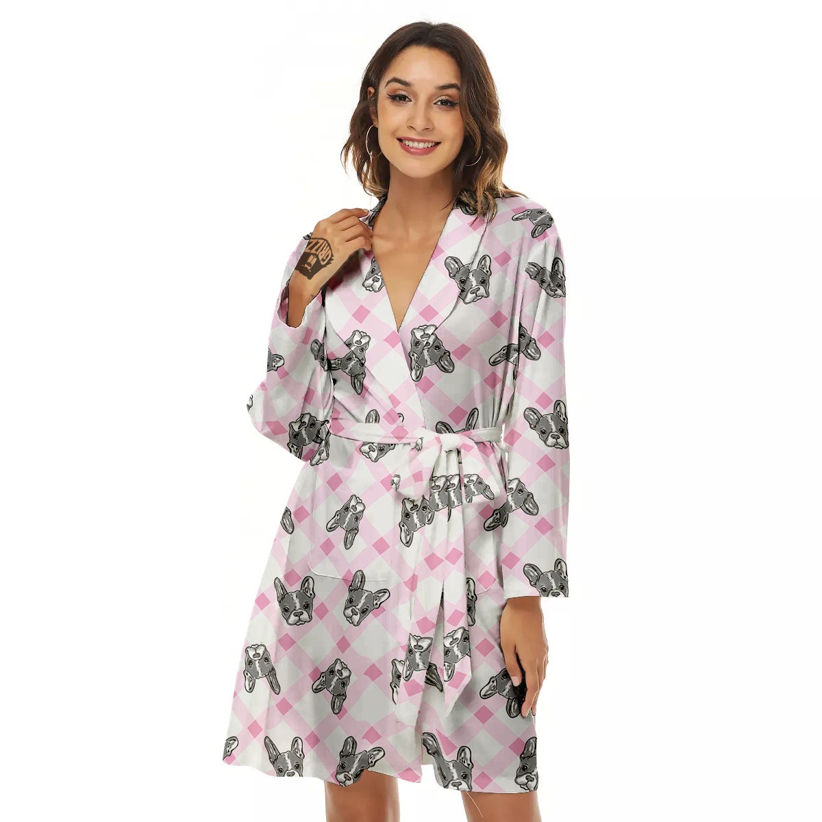 Boston Terrier Pink Plaid Print Pattern Women's Robe-grizzshop