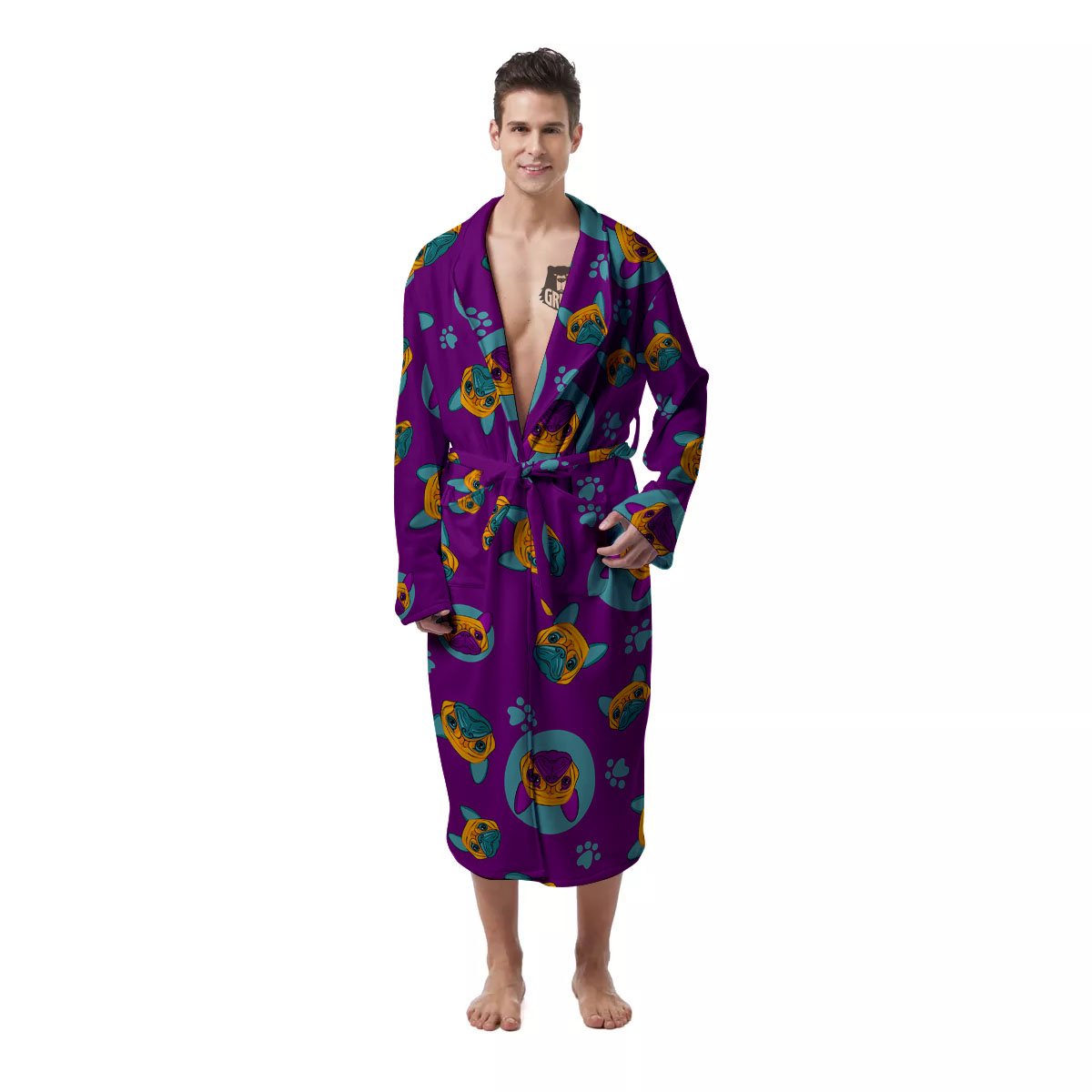 Boston Terrier Purple Print Pattern Men's Robe-grizzshop