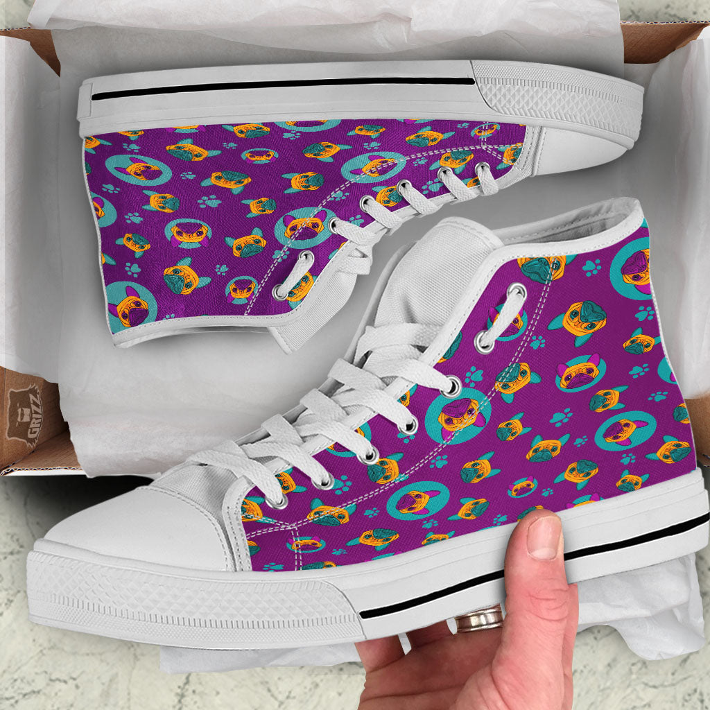 Boston Terrier Purple Print Pattern White High Top Shoes-grizzshop