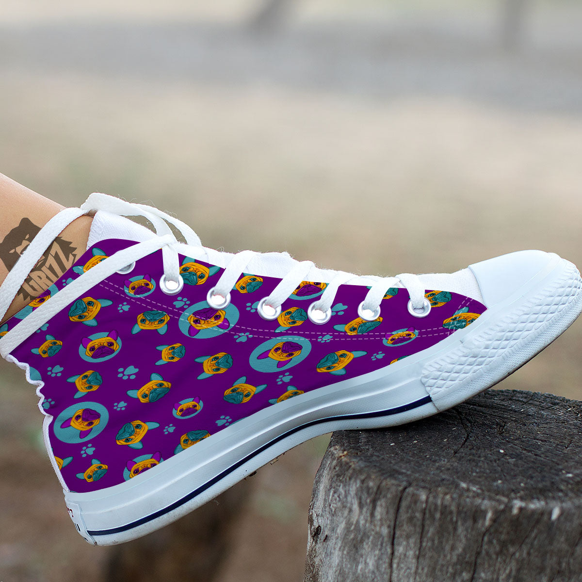 Boston Terrier Purple Print Pattern White High Top Shoes-grizzshop