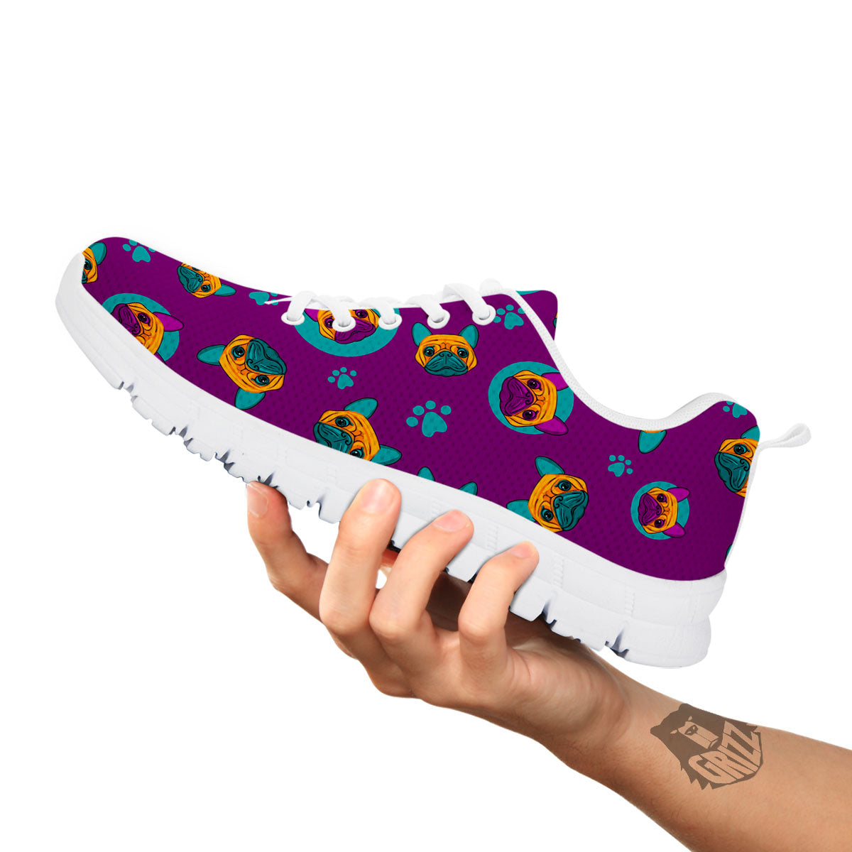 Boston Terrier Purple Print Pattern White Sneaker-grizzshop