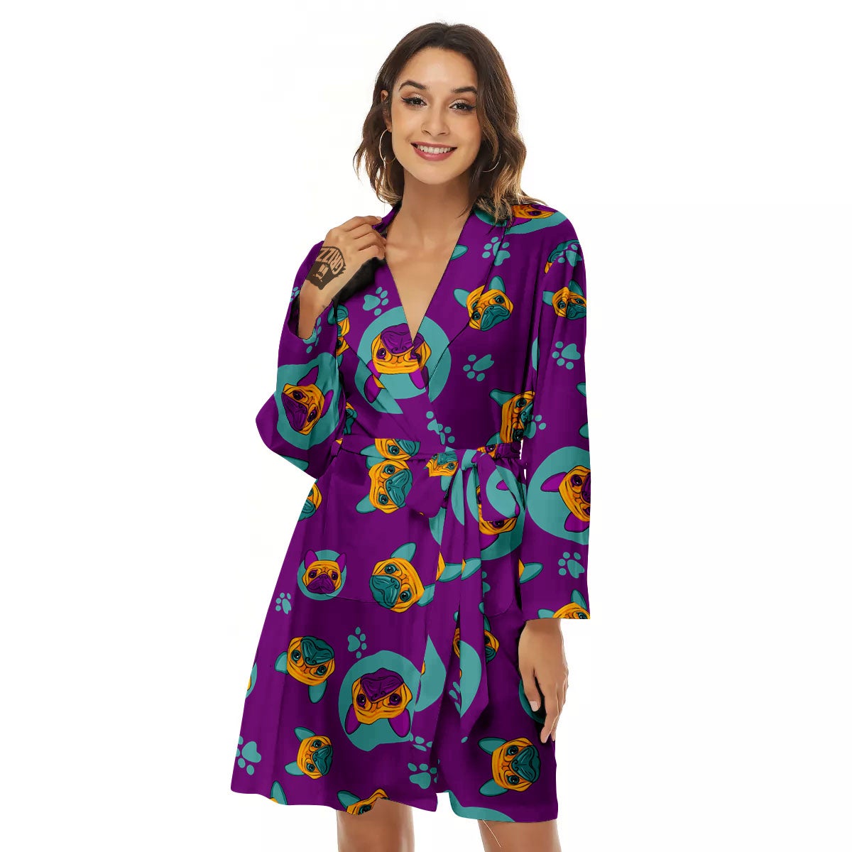 Boston Terrier Purple Print Pattern Women's Robe-grizzshop