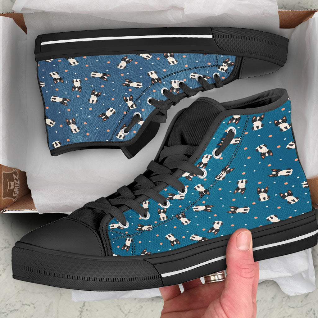 Boston Terrier Wearing Glasses Print Black High Top Shoes-grizzshop