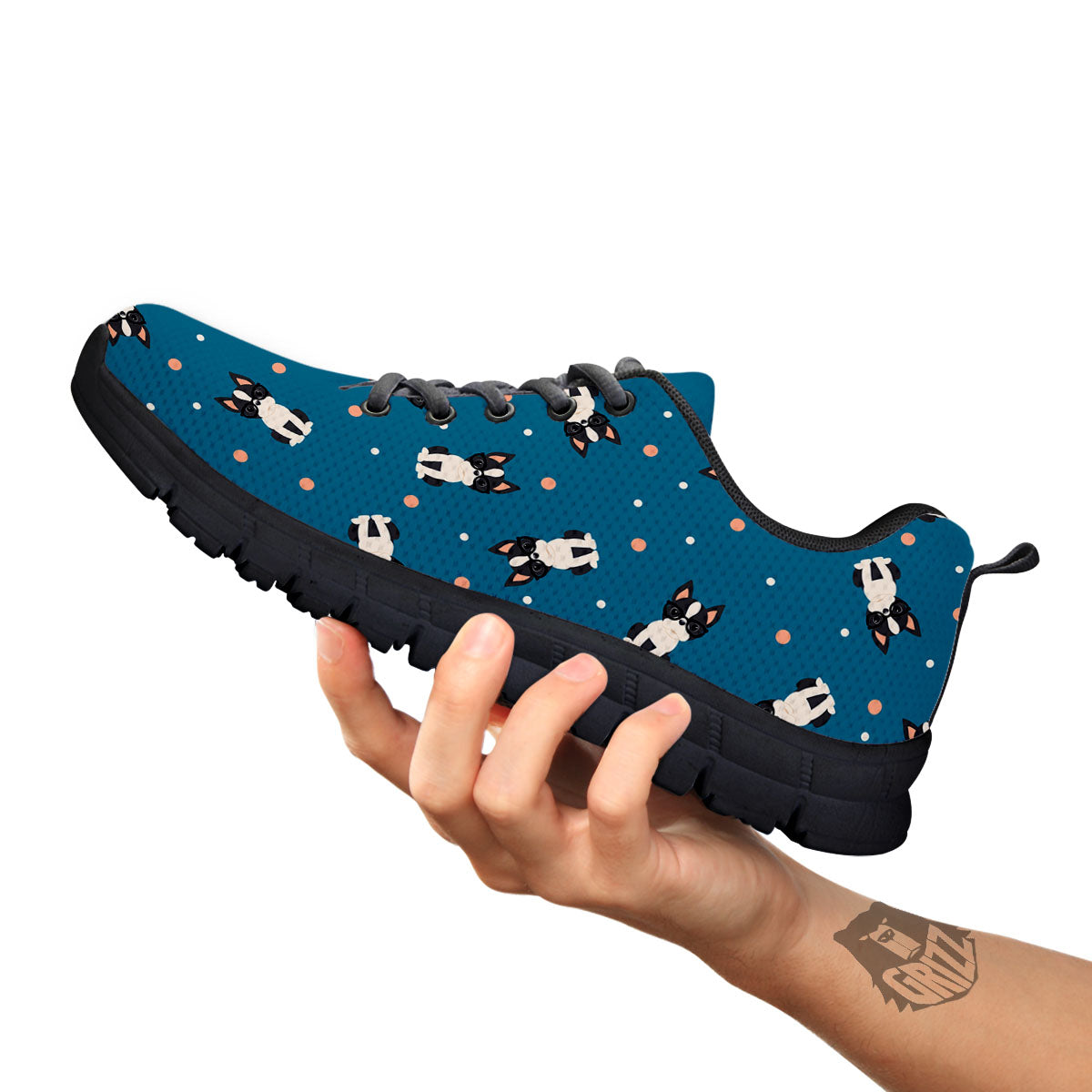 Boston Terrier Wearing Glasses Print Black Sneaker-grizzshop