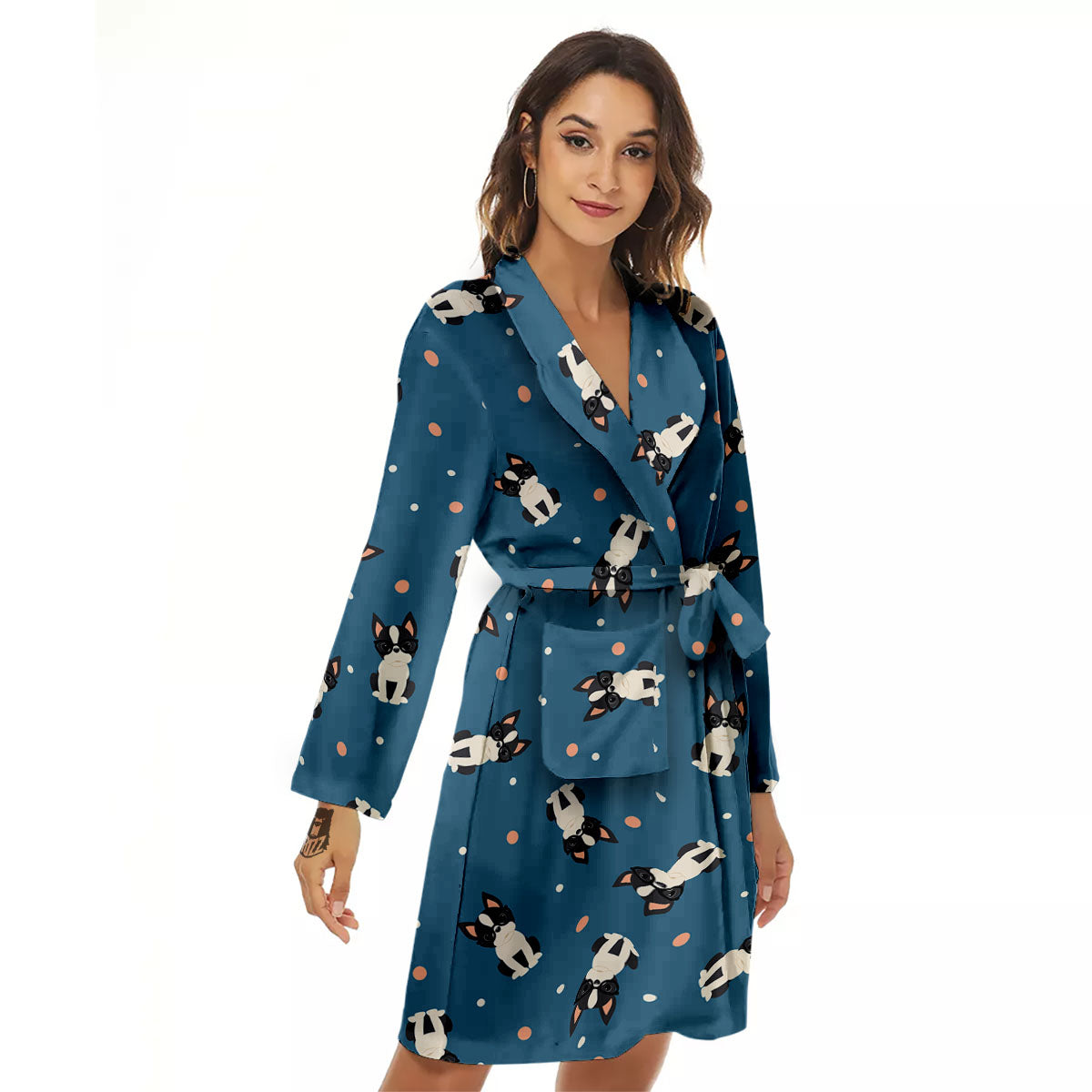 Boston Terrier Wearing Glasses Print Women's Robe-grizzshop