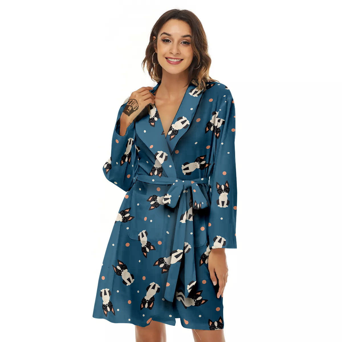 Boston Terrier Wearing Glasses Print Women's Robe-grizzshop
