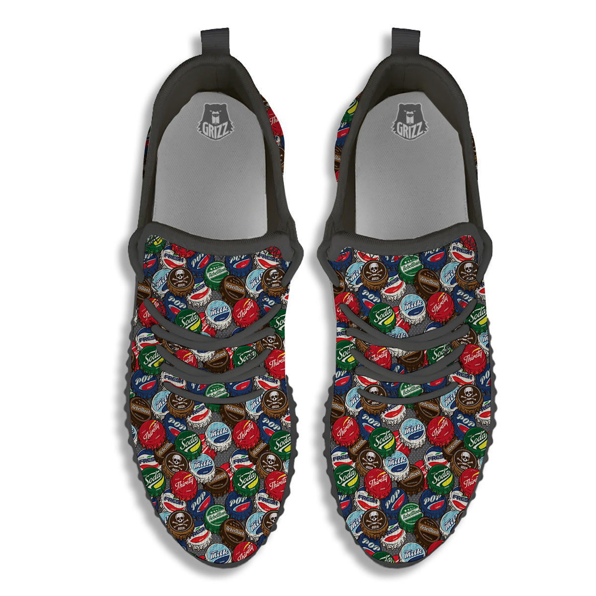 Bottle Caps Print Pattern Black Walking Shoes-grizzshop