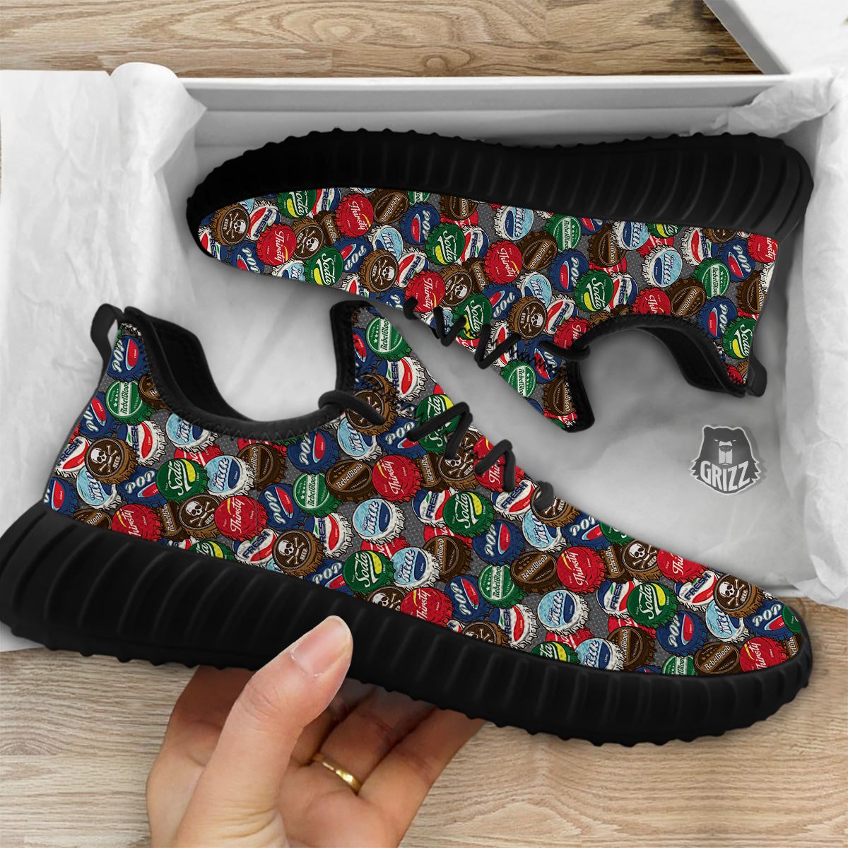 Bottle Caps Print Pattern Black Walking Shoes-grizzshop
