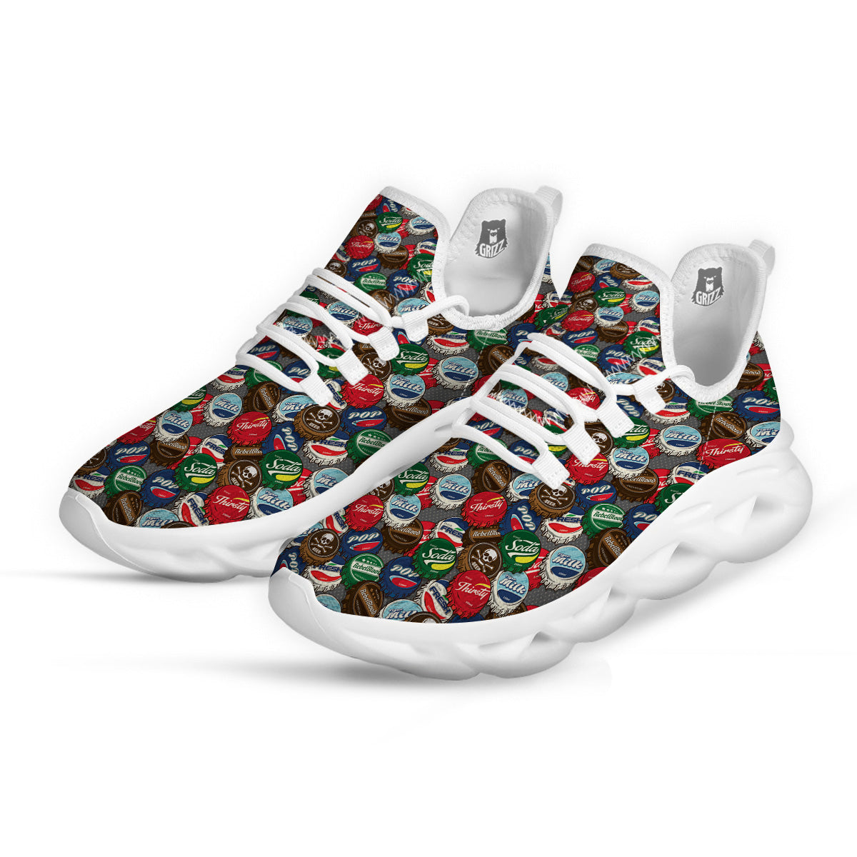 Bottle Caps Print Pattern White Running Shoes-grizzshop