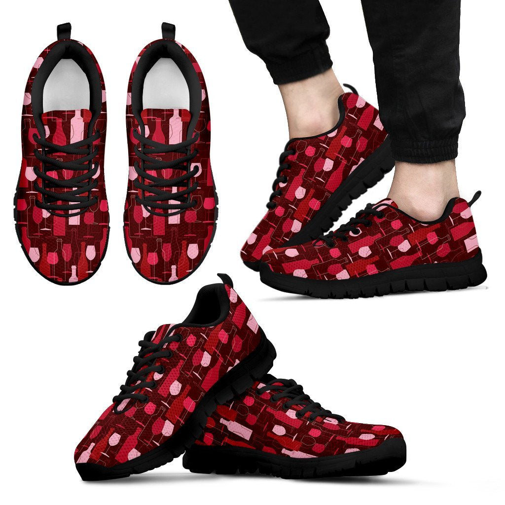 Botttle Glass Red Wine Print Pattern Black Sneaker Shoes For Men Women-grizzshop