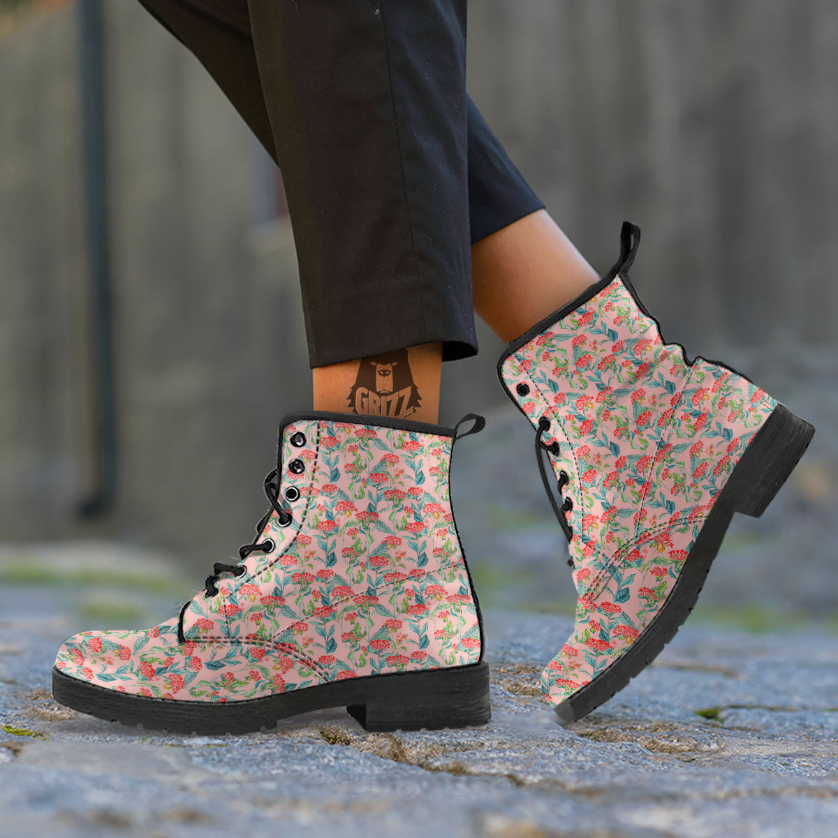 Bouvardia Red Print Pattern Leather Boots-grizzshop