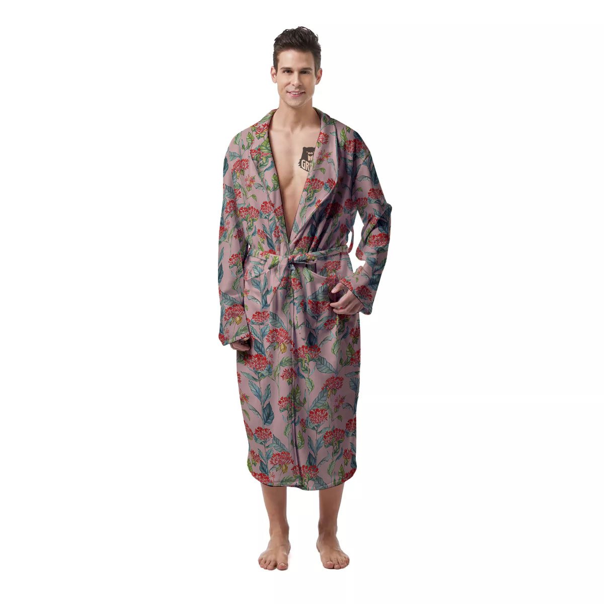 Bouvardia Red Print Pattern Men's Robe-grizzshop