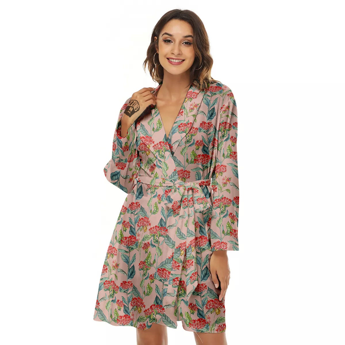Bouvardia Red Print Pattern Women's Robe-grizzshop