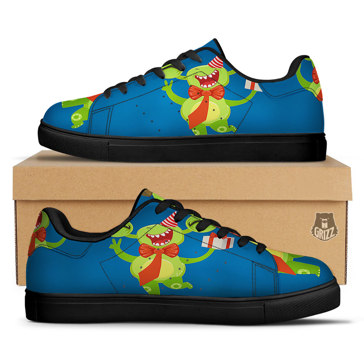 Bow Tie With Cute Alien Print Black Low Top Sneakers-grizzshop