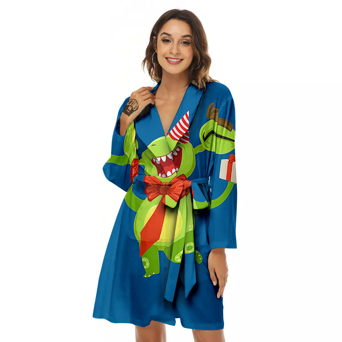 Bow Tie With Cute Alien Print Women's Robe-grizzshop