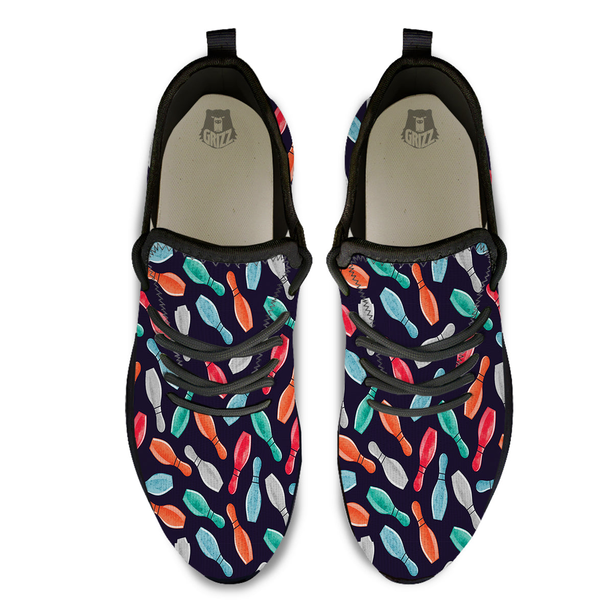 Bowling Pins Watercolor Print Pattern Black Athletic Shoes-grizzshop