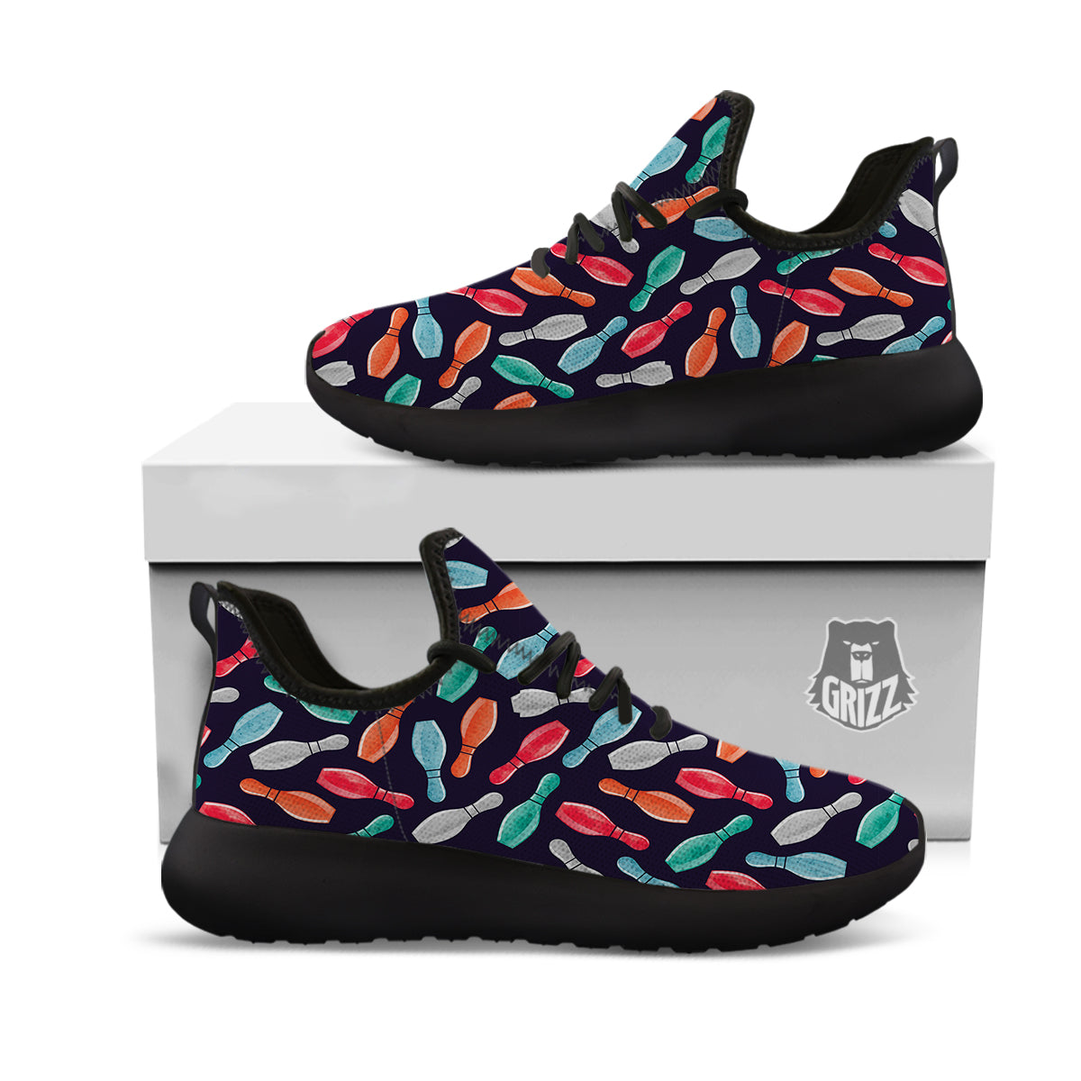 Bowling Pins Watercolor Print Pattern Black Athletic Shoes-grizzshop