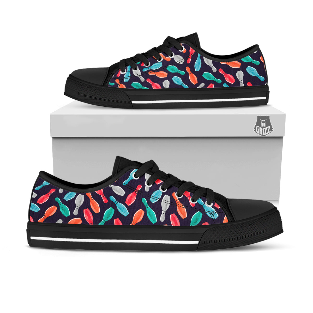Bowling Pins Watercolor Print Pattern Black Low Top Shoes-grizzshop