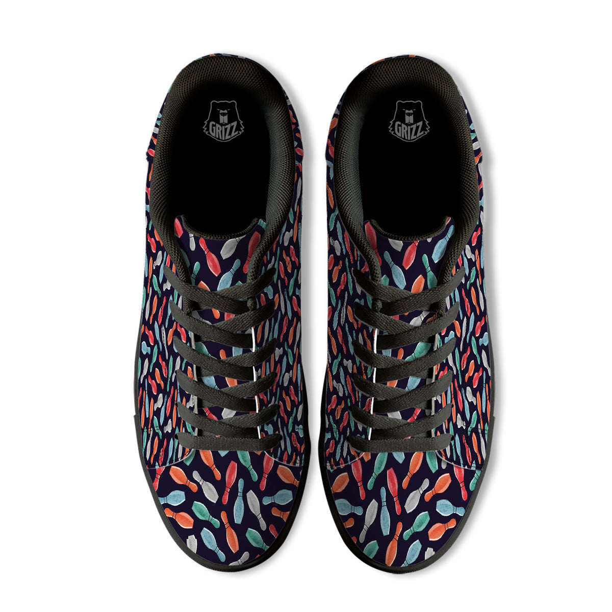 Bowling Pins Watercolor Print Pattern Black Low Top Sneakers-grizzshop