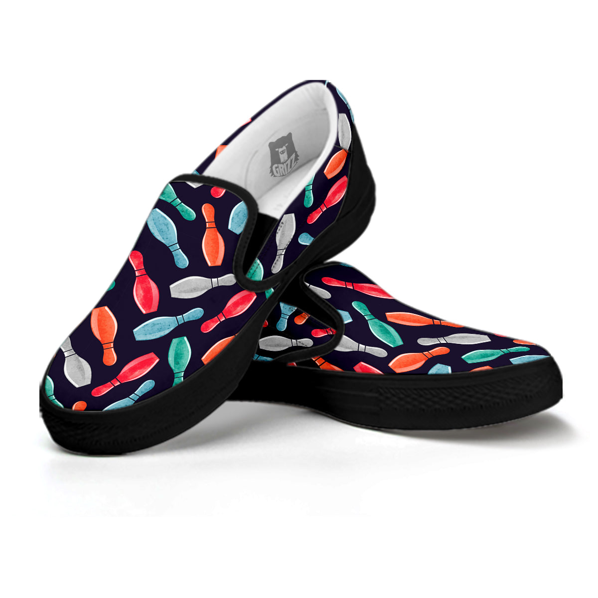Bowling Pins Watercolor Print Pattern Black Slip On Shoes-grizzshop