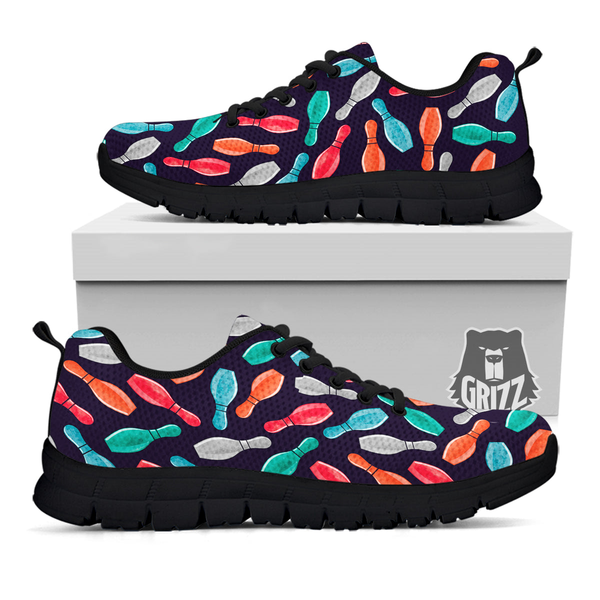 Bowling Pins Watercolor Print Pattern Black Sneaker-grizzshop