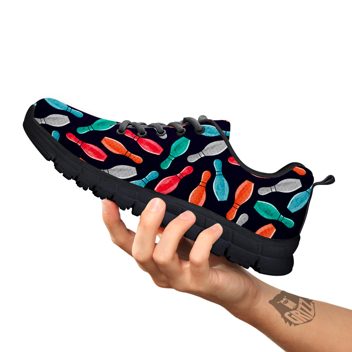 Bowling Pins Watercolor Print Pattern Black Sneaker-grizzshop