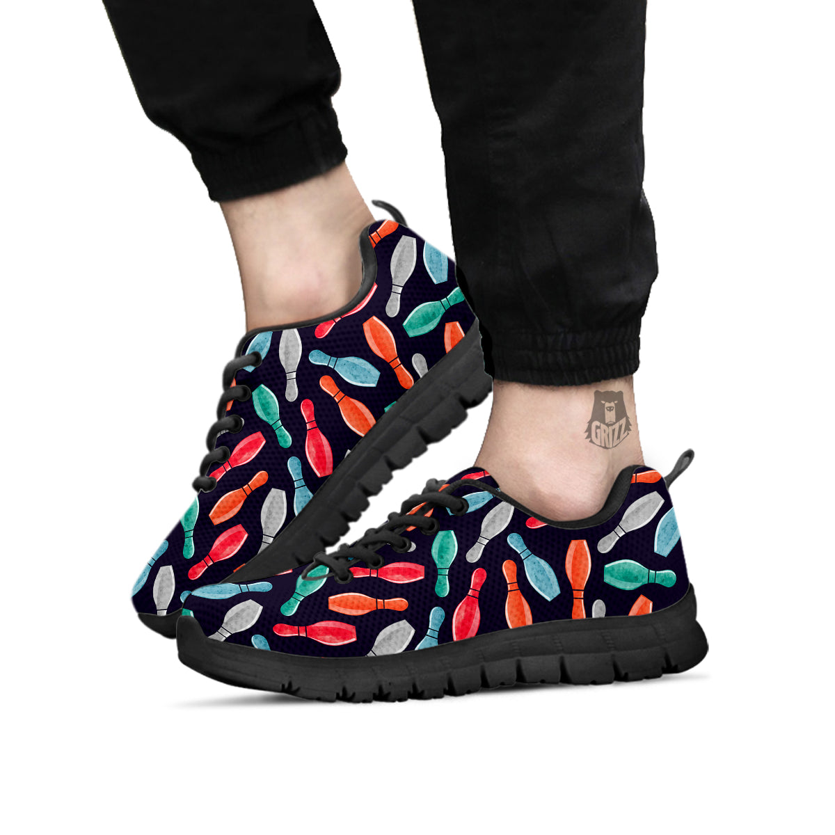 Bowling Pins Watercolor Print Pattern Black Sneaker-grizzshop
